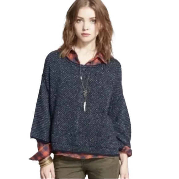 Free People Navy Blue Tweed Boucle Pullover Sweater Cropped Small - Picture 1 of 6